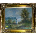 B. Poulson Figure overlooking a river Oil on canvas, signed, 39cm x 49cm