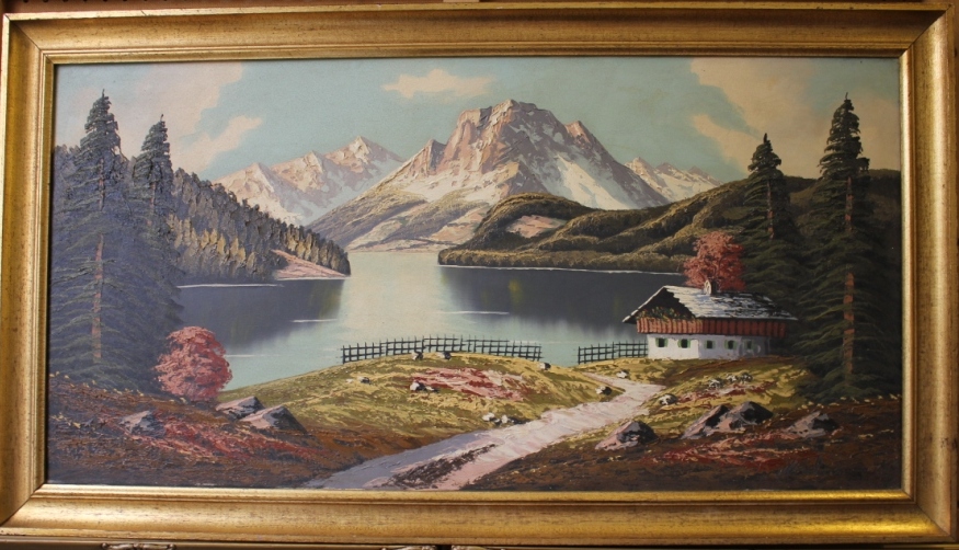 20th century alpine lake scene Oil on canvas, indistinctly signed, 50cm x 99cm
