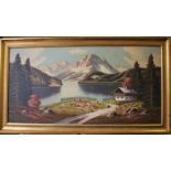 20th century alpine lake scene Oil on canvas, indistinctly signed, 50cm x 99cm