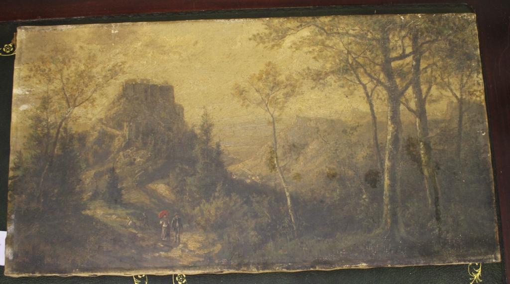 19th century Continental School Figures in a mountainous landscape Oil on canvas, 24cm x 46cm