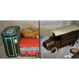 A tinplate model of a Huntley & Palmers Ltd van, H.P.1923, 24cm long, three other tins and a