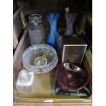 Two Alum Bay glass vases, a painted glass square bottle and stopper and various other glassware
