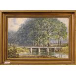 Raymond Hunt Bridge over a river Oil on canvas, signed, 29cm x 45cm