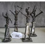 A set of four bronze altar figures, their hands held aloft, West African Gold Coast, 13cm high