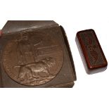 A WWI death plaque to John Callingham together with a Royal Flying Corps wooden mystery box