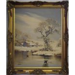 Delaval Winter lake and farm scene Oil on canvas, signed, 75cm x 60cm