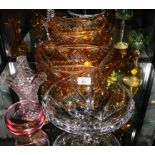 A Bohemien cut glass boat shape vase, with orange overlay, 29cm wide, a Rigaslia glass bowl, and