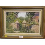 Pamela Derry Overgrown gateway Oil on board, signed, 22cm x 34cm