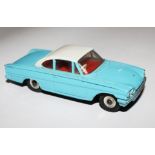 A rare Dinky toy light blue 143 Ford Capri with white roof and red interior, temporary factory