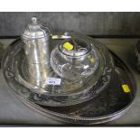 Three silver plated trays, together with a silver plated and cut glass sugar bowl with cube