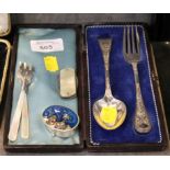 A cased silver plated spoon and fork christening set, together with 925 silver pill box, two