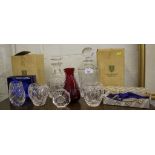 Two Edinburgh crystal decanters, four silver plated wine labels and other glassware