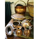 A Victorian jelly mould, a copper warming pan, a copper kettle, two measuring jugs and a copper