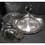 Three pieces of silver plate, to include a four division serving dish, etc