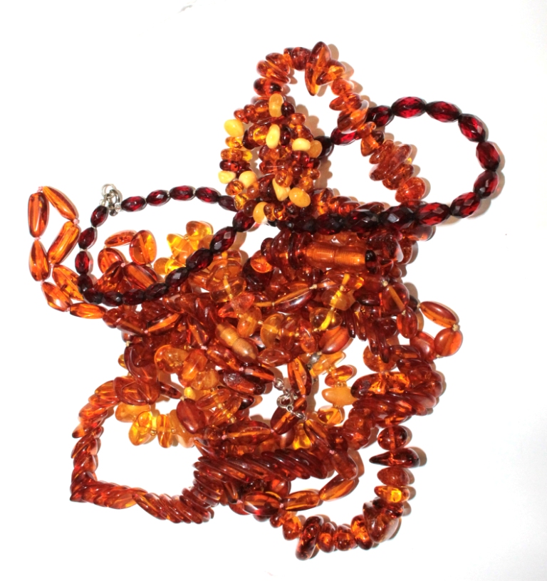 A collection of amber necklaces