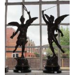 After Rousseau La Paix and La Gloire - a pair of spelter winged figures holding a sword and a laurel