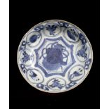 Wanli Shipwreck: A Chinese blue and white Kraak dish, depicting fruit in panels, 15cm diameter, with