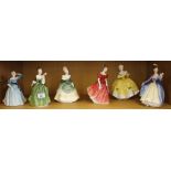 Six Royal Doulton figures: Celeste HN2237, Fleur HN2368, Soiree HN2312, Winsome HN2220, The Last