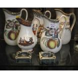 A pair of Royal Doulton ashtrays for P&O, 7cm square, and five Victorian polychrome printed jugs