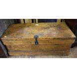 A pine box with hinged lid and twin handles, 83cm wide x 39cm deep x 32cm high