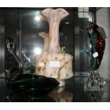 A mottled glass vase, two Murano glass figurines and a green glass ashtray