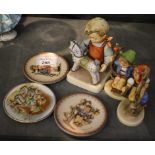 Three Hummel figures, two Hummel miniature plates and a Alfretto porcelain miniature plate