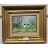 Louis Cardin Children Picking Flowers Enamel on metal Signed and dated '80, 12cm x 17cm