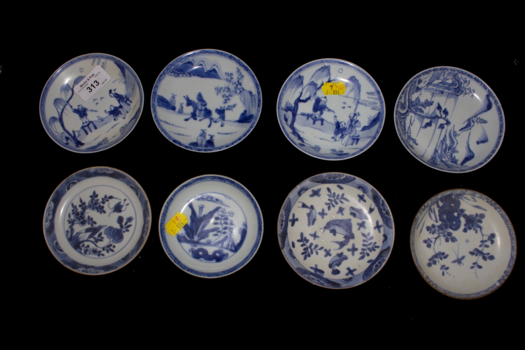 Ca Mau: Eight miscellenous saucers including picking willow, bridge landscape and plum blossom, some