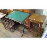 An Edwardian turned walnut towel rail, a trestle based card table, an occasional table, a Canterbury