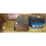 A Victorian rosewood and mother of pearl sewing box, 20cm wide, a walnut sewing box, an oak