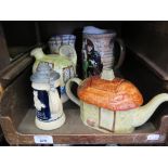 A Beswick relief jug depicting Hamlet, 20cm high, other novelty jugs and teapots, German pipes