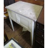 A marble top painted washstand, with panel doors on square section legs, 76cm wide