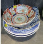 A Dresden blue and white pierced bowl, a pair of Copeland Spode Severn pattern bowls and an Imari