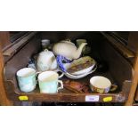 A Belleek teapot and honey pot, of basket form with clover decoration, three Chinese bird pattern