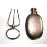 A silver plated spirit flask and a bread fork