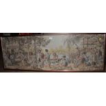 A continental machine-made embroidery depicting Geisha girls in a garden landscape, 47cm x 140cm