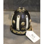 A Victorian ebony and ivory string box in the form of a beehive, with brass mounts, 8cm high