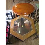 A mahogany corner table with cabriole legs, a crossbanded hexagonal occasional table with glass