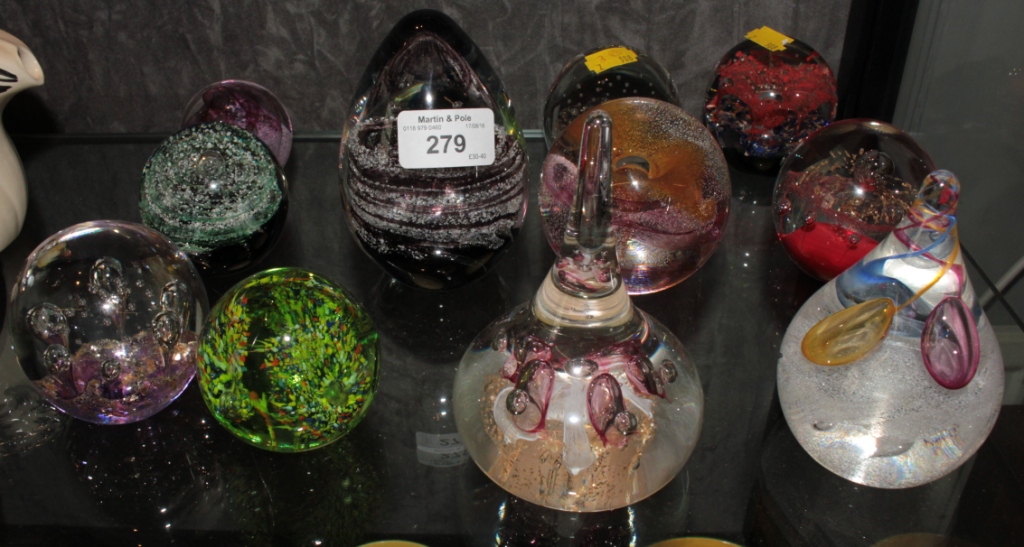 Three Cathiness paperweights, a Murano paperweight and eight other similar paperweights