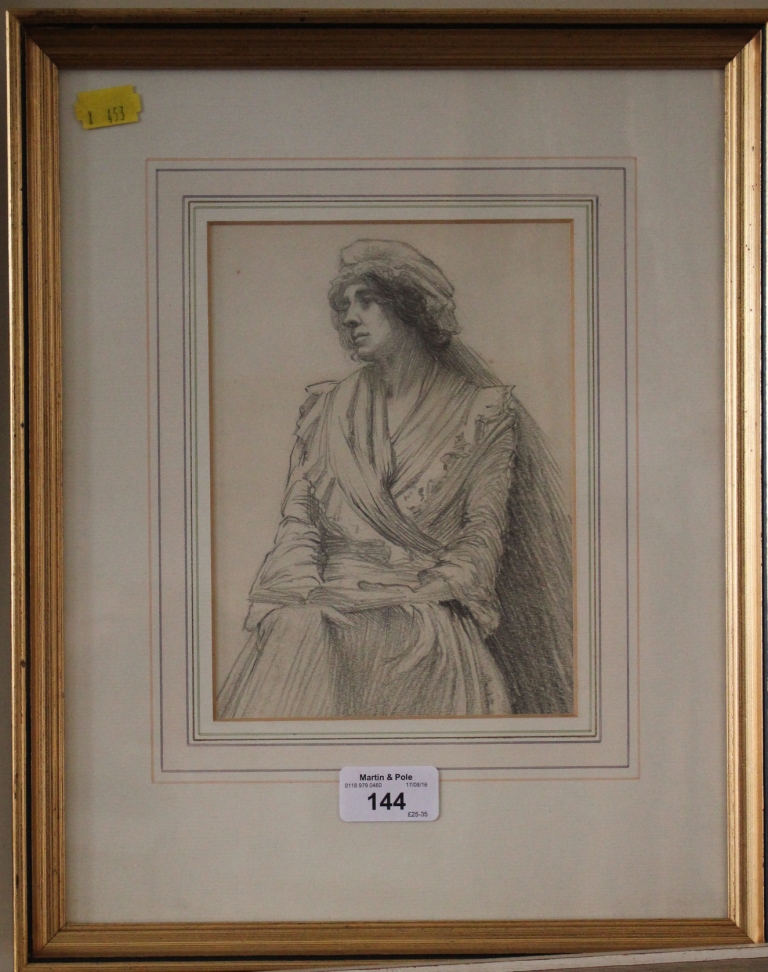 Unsigned pencil study of a seated woman with a book contemplating her thoughts, 19cm x 13.5cm