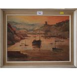 Kay Cathcart Dusk in the harbour with moored boats Oil on board, signed, 32cm x 44cm