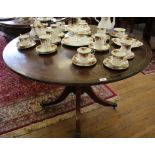 A reproduction crossbanded mahogany circular snaptop table, with central column on four outsplayed