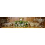 A set of five German green glass wine glasses, a frosted glass vase and various cut drinking