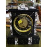 A Victorian slate and marble mantel timepiece with gilded slate dial enclosing a French single train
