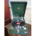 A H.M.V. portable model 102 gramophone in green, supplied by Acotts of Oxford, with 5A sound box,