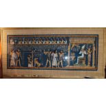 An Egyptian painting on papyrus, depicting a pharaoh, figures and hieroglyphics, indistinctly