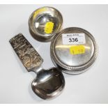 A silver plated round box, a Swedish spoon, etc