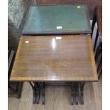 A nest of three mahogany and satinwood crossbanded tables with turned legs, 51cm wide, and another