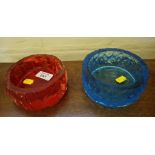 A red Whitefriars bark effect glass ashtray 13cm diameter, and another in blue glass 13.5cm