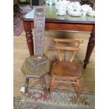 A child's Ercol stained beech and elm stacking chair, and a carved Scottish spinners backstool